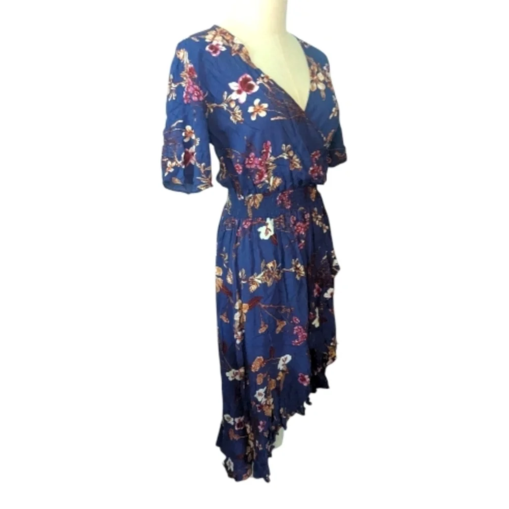 KorMei Floral Blue Surplice Dress Medium